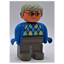 Duplo Figure, Early, with Short Parted Hair Light Gray, Dark Gray Legs, Argyle Sweater Print / Blue