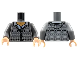 Torso Fair Isle Cardigan Sweater with Hood, Open Collar Pattern / Dark Bluish Gray Arms / Light Nougat Hands