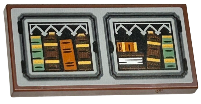 Lego Tile, Modified 2 x 4 Inverted with Sand Green, Dark Orange and Reddish Brown Books with Light Bluish Gray Ornate Fence Pattern (Sticker) - Set 76411