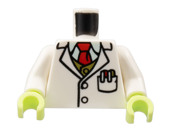 Lego Torso Lab Coat, Light Aqua Shirt, Red Tie, Dark Tan Vest, Pens in Pocket Pattern / White Arms / Yellowish Green Hands