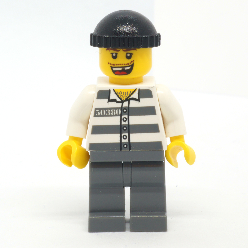Lego Criminal, Prison Shirt with #50380, Dark Bluish Gray Legs, Black Hat, Missing Tooth