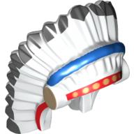 Lego Headdress American Indian with Colored Feathers, Gold Dots on Red and Black Hair on Back Print / White