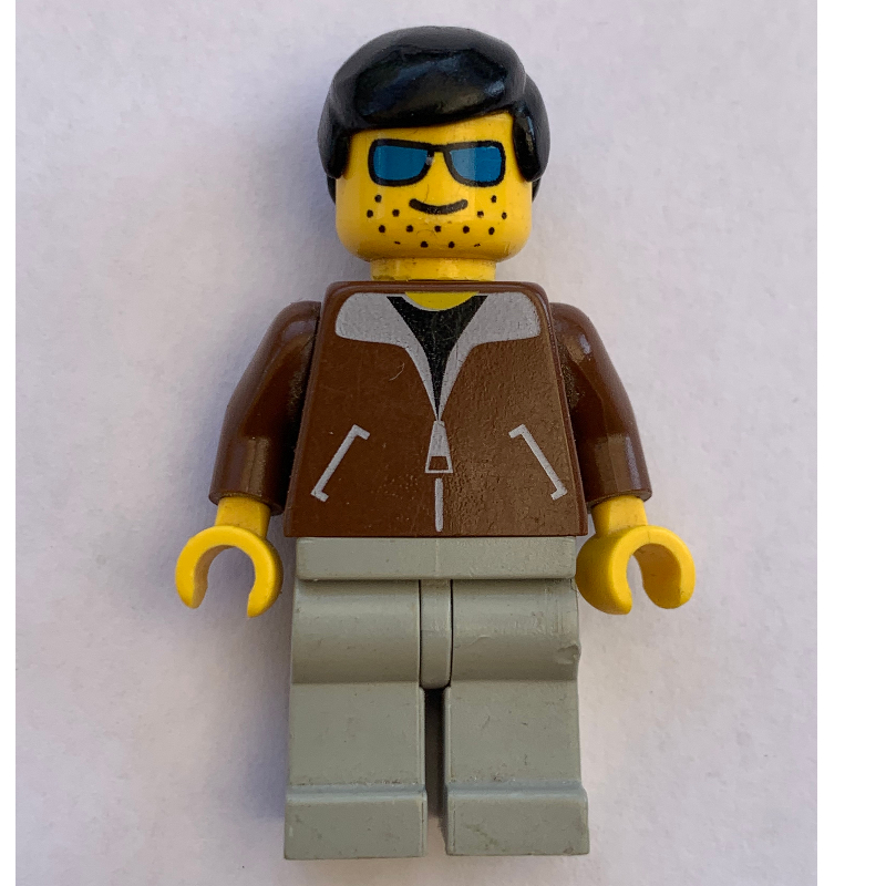 Lego Man, Brown Jacket, Light Gray Legs, Black Hair, Blue Sunglasses