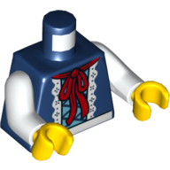 Lego Torso Blouse with White Lace Trim and Dark Red Ribbon Print, White Arms, Yellow Hands / Dark Blue