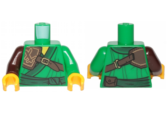 Lego Torso Ninjago Robe with Dark Green Trim and Sash, Dark Brown Leather Pauldron Pattern / Green Arm Left / Dark Brown Arm Right / Yellow Hands