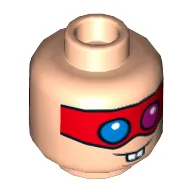 Minifig Head Polka-Dot Man, Dual Sided, Red Eyemask with Blue and Red Eyes, Buck Teeth, Neutral / Scared Print [Hollow Stud] / Light Nougat