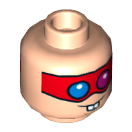 Lego Minifig Head Polka-Dot Man, Dual Sided, Red Eyemask with Blue and Red Eyes, Buck Teeth, Neutral / Scared Print [Hollow Stud] / Light Nougat