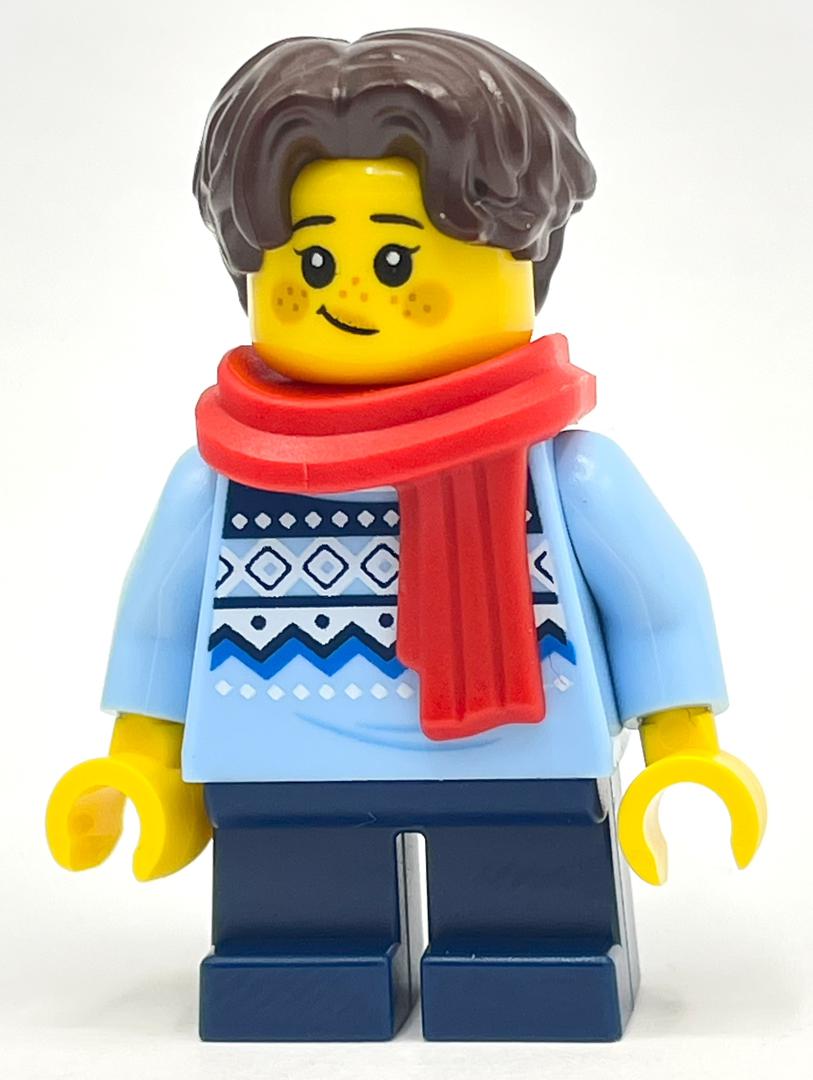 Lego Child, Bright Light Blue Sweater, Short Dark Blue Legs, Red Scarf, Dark Brown Hair