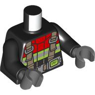 Lego Torso, Red Fire Fighter Suit, Silver/Neon Yellow Reflective Stripes, Dark Tan Straps print, Black Arms, Dark Bluish Gray Hands / Black