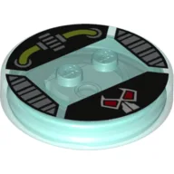 Function Brick Round 4 x 4 x 2/3 with 2 Studs and Bane Mask with Wires, and Gears Print / Trans-Light Blue