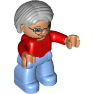 Duplo Figure Bob / Pageboy Hair Gray, with Medium Blue Legs, Red Sweater, Blue Eyes, Glasses / Red