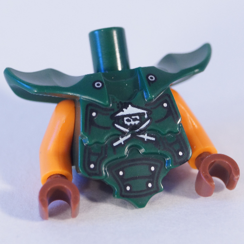 Lego Torso with Molded Shoulder and Waist Extensions, Rivets and Ninja Skull with Crossed Swords Print, Orange Arms, Reddish Brown Hands / Dark Green