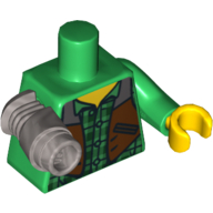 Lego Torso Checkered Shirt and Dark Brown Vest Print (Jack McHammer), Green Left Arm with Yellow Hand, Flat Silver Mech Right Arm / Green
