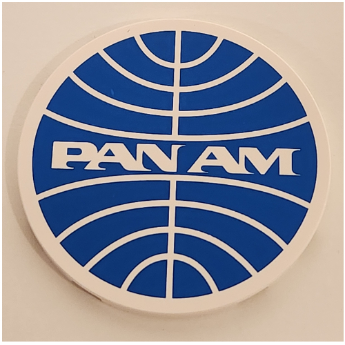 Lego Tile Round 6 x 6 with Blue 'PAN AM' logo print