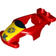 Duplo Race Car Body, Black Windshield with Wide Yellow Stripe, with '28' & Mickey Mouse Print / Red