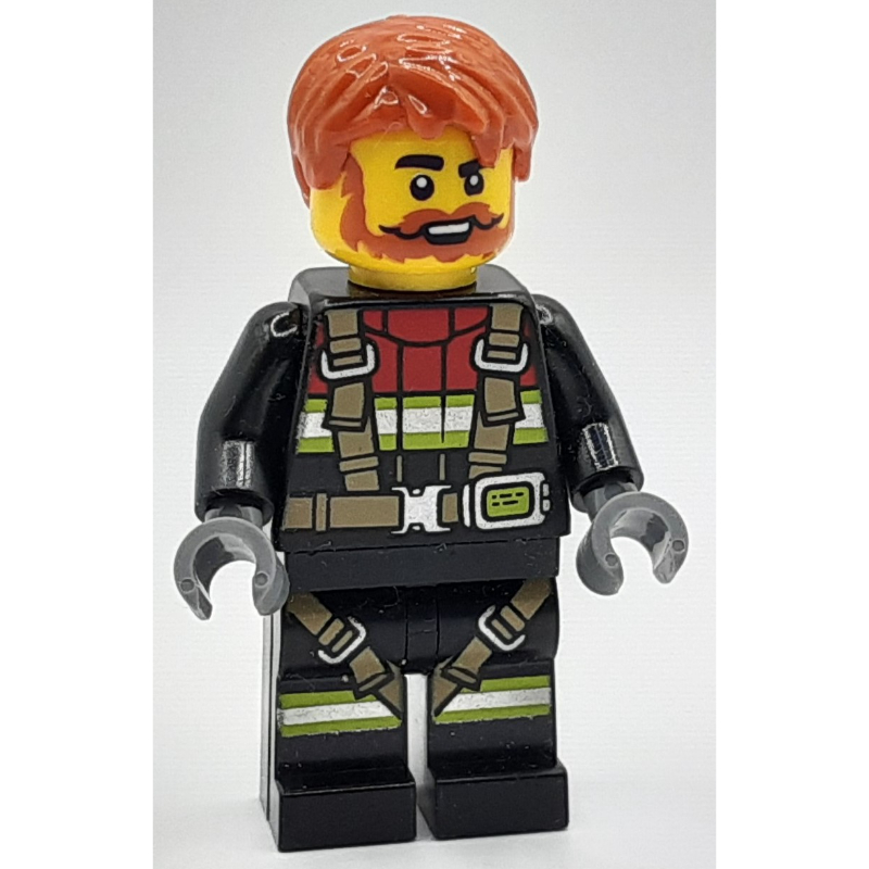 Lego Firefighter, Black Fire Suit, Dark Orange Hair, Beard