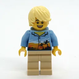 Man, Medium Blue Shirt with Palm Trees and Sunset, Tan Legs, Bright Light Yellow Hair