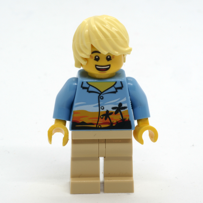 Lego Man, Medium Blue Shirt with Palm Trees and Sunset, Tan Legs, Bright Light Yellow Hair