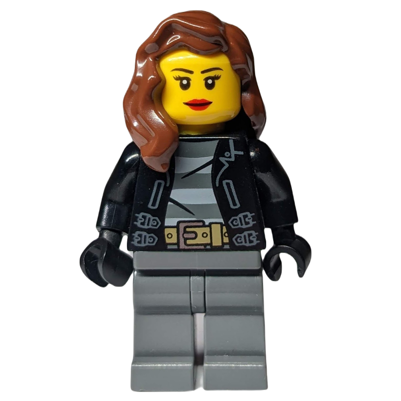 Lego Criminal, Woman, Open Black Jacket over Prison Shirt, Reddish Brown Hair