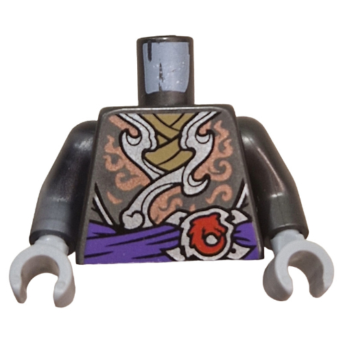 Lego Torso, Odd Arms, Robe, Coral/Light Bluish Grey Trim, Dark Tan Shirt, Dark Purple Dash, Red Buckle print, Left Pearl Titanium Arm, Right Trans-Black Arm, Light Bluish Grey Hands / Pearl Titanium