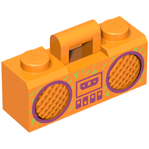Lego Equipment Radio / Boom Box with Handle and Magenta Cassette Player, Switches and Rimmed Speakers Print / Orange