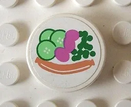Tile, Round 2 x 2 with Hot Dog, Peas, Cucumber Pattern (Sticker) - Set 5895