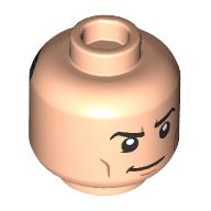 Lego Minifig Head Batman / Bruce Wayne, White Goggles on Forehead and Stern Look / Slight Smile Print / Light Nougat