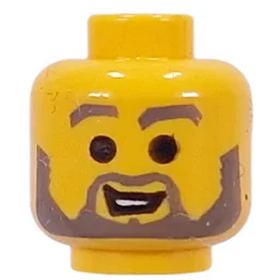 Minifig Head Jedi / Mac, Beard with Raised Gray Eyebrows and Open White Mouth, Black Pupils Print [Blocked Open Stud] / Yellow