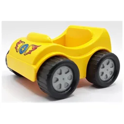 Duplo Car with Silver Wheels and Blue Circle with '4', Red Flames Print / Yellow