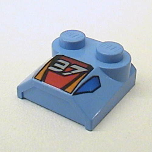 Lego Brick Curved 2 x 2 x 2/3 Two Studs and Lip End with '37' and Red, Orange, and Blue Print / Medium Blue