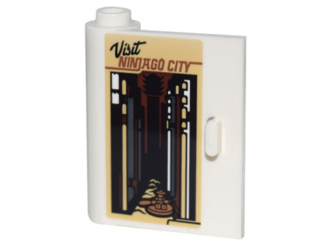 Lego Door 1 x 3 x 3 Left - Open Between Top and Bottom Hinge with Poster 'Visit NINJAGO CITY', Streetscape and Minifigure Pattern (Sticker) - Set 70840