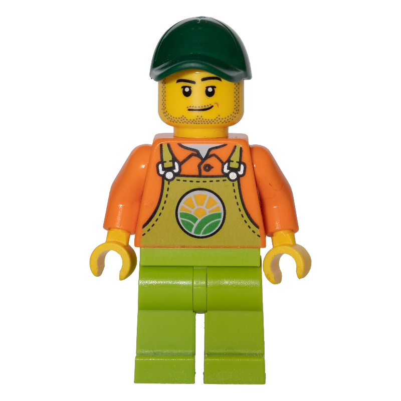 Lego Orange Torso, Lime Overall, Dark Green Cap