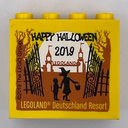 Brick 2 x 4 x 3 with 'LEGOLAND Deutschland Resort HAPPY HALLOWEEN 2019' Print / Yellow