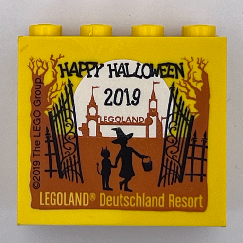 Lego Brick 2 x 4 x 3 with 'LEGOLAND Deutschland Resort HAPPY HALLOWEEN 2019' Print / Yellow