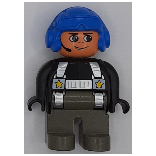 Lego Duplo Figure, Early, Aviator Hat Blue, Dark Gray Legs, Silver Harness with Yellow Stars Print / Black