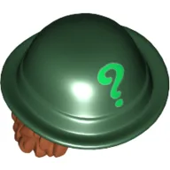 Hair and Hat, Bowler, Dark Orange Wavy Shoulder Length Hair, with Bright Green Question Mark Print / Dark Green