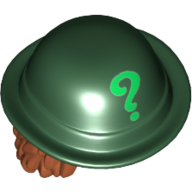 Lego Hair and Hat, Bowler, Dark Orange Wavy Shoulder Length Hair, with Bright Green Question Mark Print / Dark Green