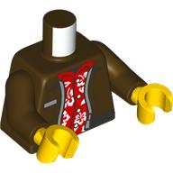 Lego Torso, Jacket, Name Tag, Red Shirt with White Flowers print, Dark Brown Arms, Yellow Hands / Dark Brown