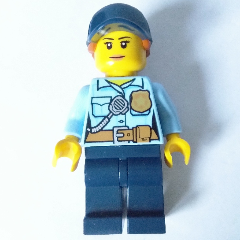 Lego Policewoman, Bright Light Blue Shirt with Radio and Badge, Dark Blue Legs, Dark Blue Cap with Hair