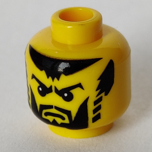 Lego Minifig Head King / Shadow Knight, Beard with Trimmed Chin, Full Cheeks, Striped Sideburns, Scowl Eyebrows, White Pupils Print [Blocked Open Stud] / Yellow