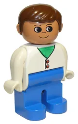 Duplo Figure - Male, Adult Man, Blue Legs, White Top with Red Buttons over Green Shirt Pattern, Brown Hair, Nougat Head (75466)