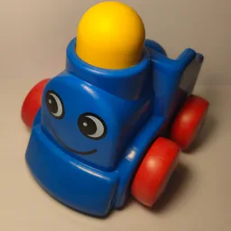 Primo Train Engine 1 x 2 with Red Wheels, Yellow Button, and Face Print / Blue
