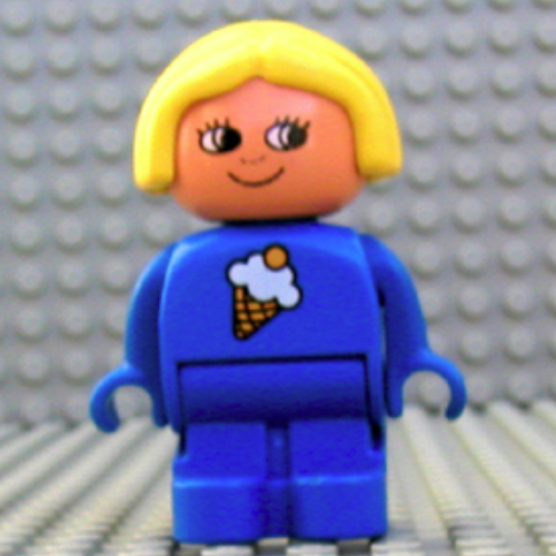 Lego Duplo Figure, Early with Joined Legs Blue, with Ice Cream Cone Print, and Yellow Hair / Blue