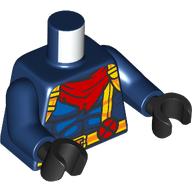 Lego Torso Muscle Outline, Yellow and Bright Light Orange Straps, Pouch, Belt Buckle, Dark Red X Symbol, Red Neckerchief print, Dark Blue Arms, Black Hands / Dark Blue