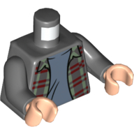 Lego Torso Shirt, Sand Green and Dark Red Plaid, Open over Sand Blue Undershirt Print, Dark Bluish Gray Arms, Light Nougat Hands / Dark Bluish Gray