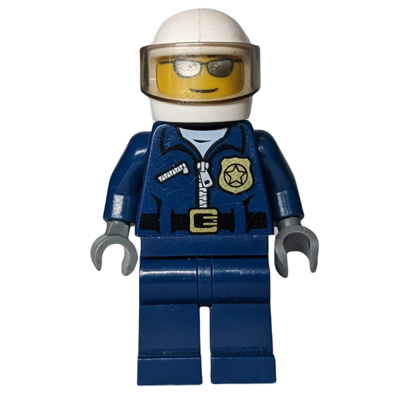 Lego Policeman, Dark Blue Jacket with Zipper, Badge, and 'POLICE' on Back, White Helmet with Visor, Silver Sunglasses
