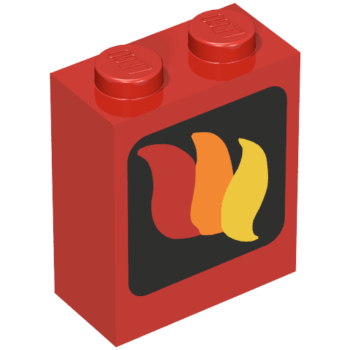 Lego Brick 1 x 2 x 2 with Inside Axle Holder with Fire Logo Print / Red
