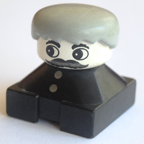Lego Duplo 2 x 2 x 2 Figure Brick, Spiky Bangs, White Head, Light Gray Hair, Two White Buttons, Moustache Print / Black