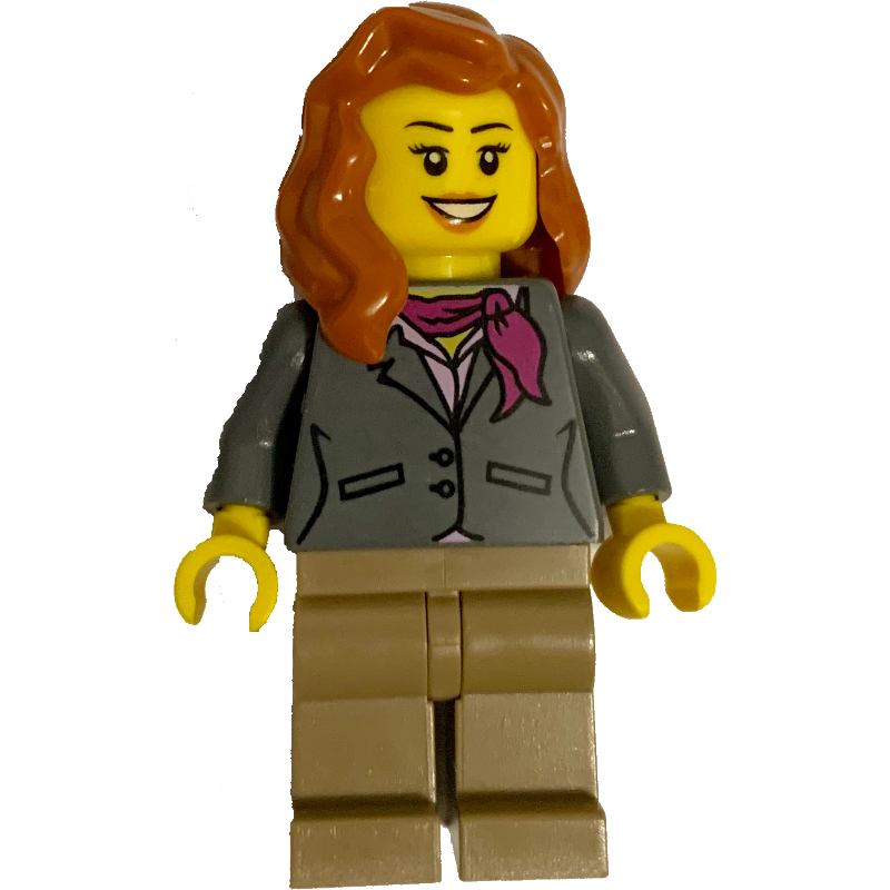 Lego Woman, Dark Bluish Gray Jacket with Magenta Scarf, Dark Tan Legs, Dark Orange Hair