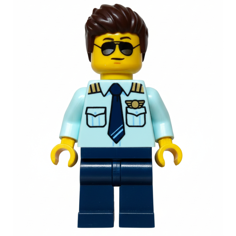 Lego Pilot, Light Aqua Shirt, Dark Blue Legs, Dark Bronw Hair